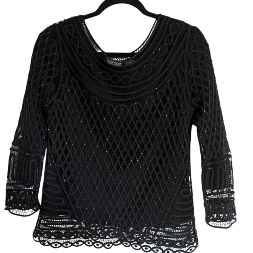 Sigrid Olsen 100% Silk Sequins Dressy Top Hand knitted Black Holiday Size M